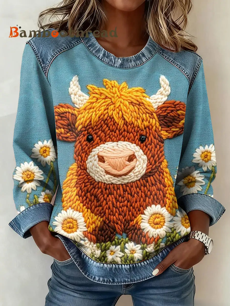 Women’s Highland Cow Denim Patchwork Top As picture / S