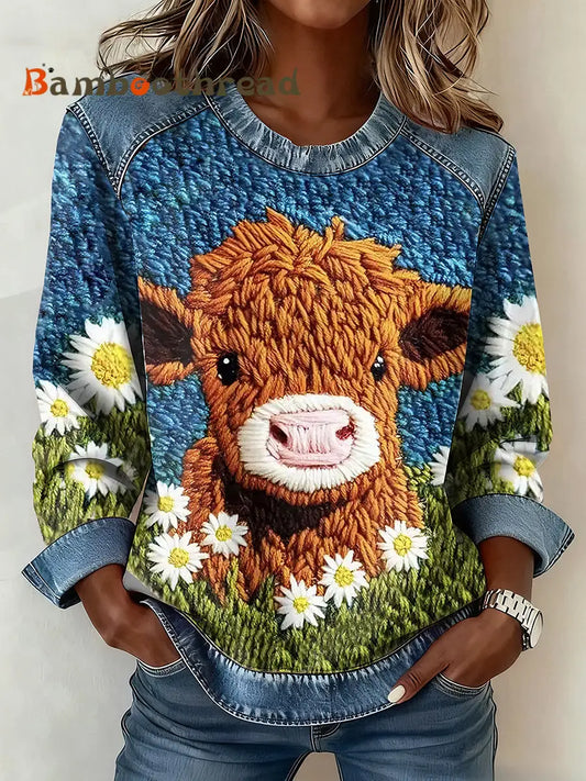 Women’s Highland Cow Denim Patchwork Top As picture / S
