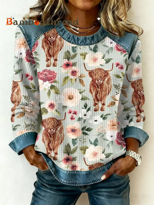 Women’s Highland Cow Denim Patchwork Top As picture / S