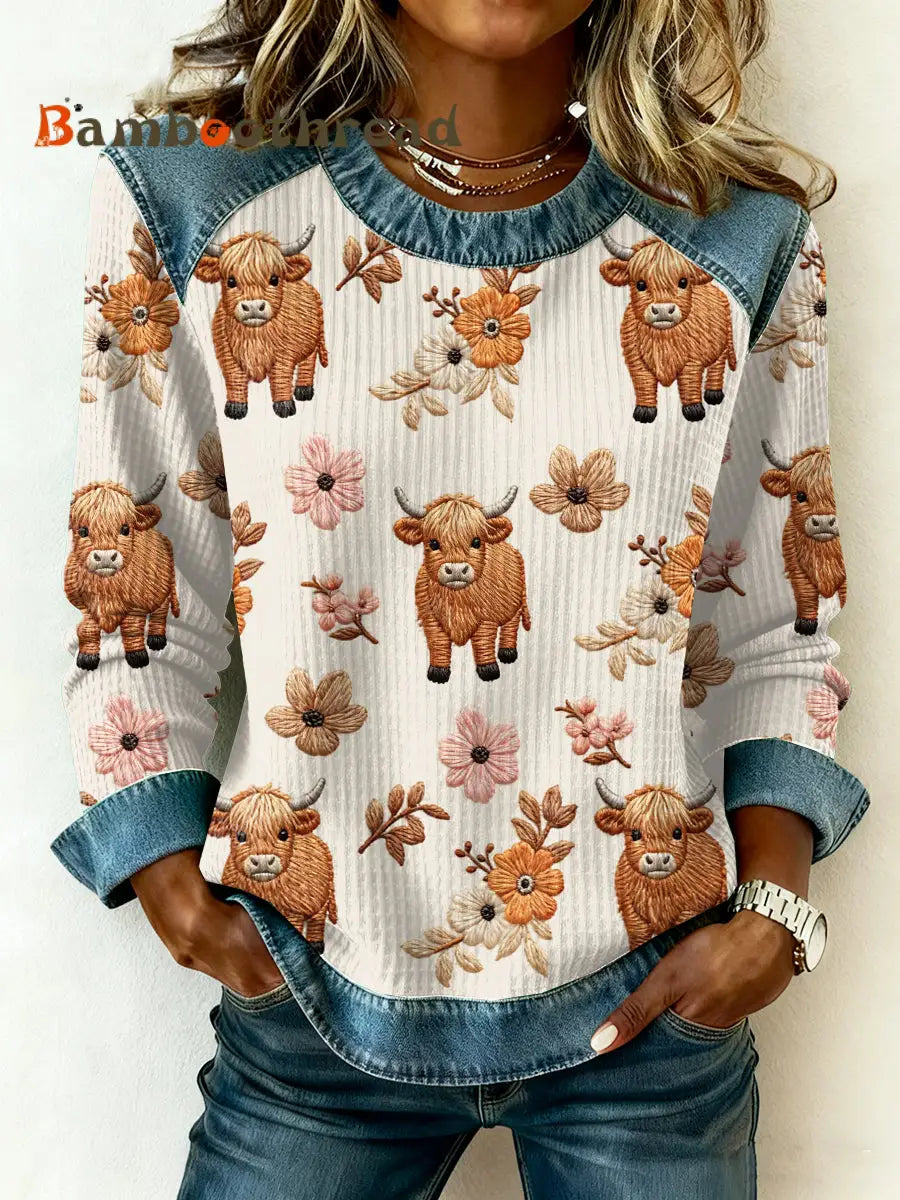 Women’s Highland Cow Denim Patchwork Top As picture / S