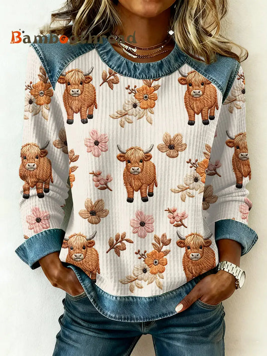 Women’s Highland Cow Denim Patchwork Top As picture / S