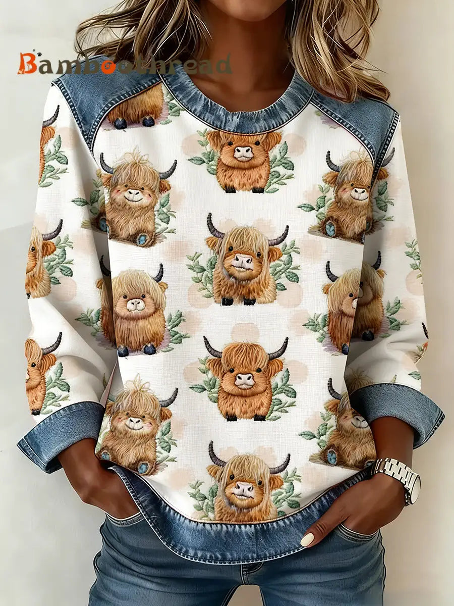 Women’s Highland Cow Denim Patchwork Top As picture / S