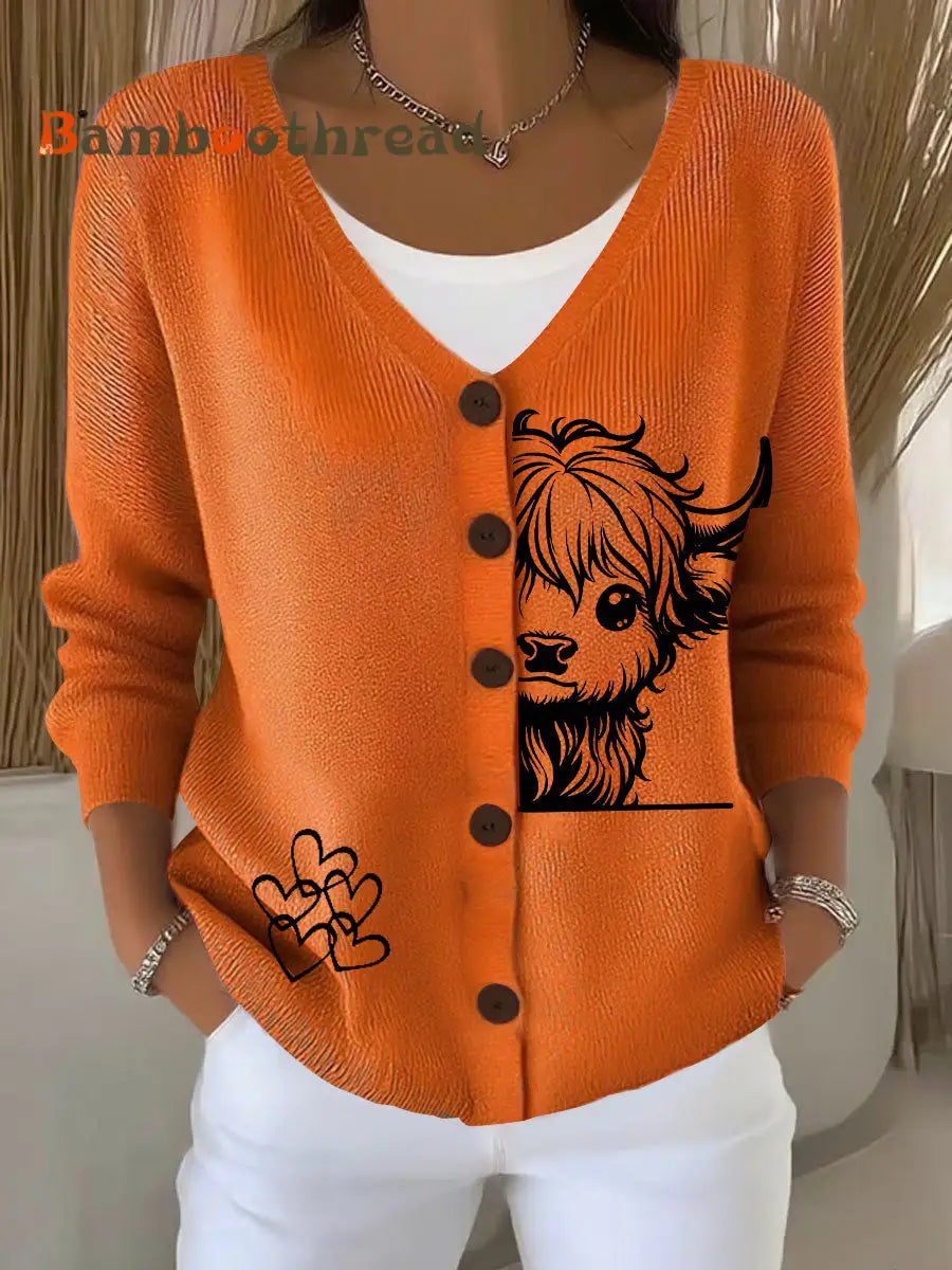 Women’s Highland Cow Print Casual Cardigan Orange / S