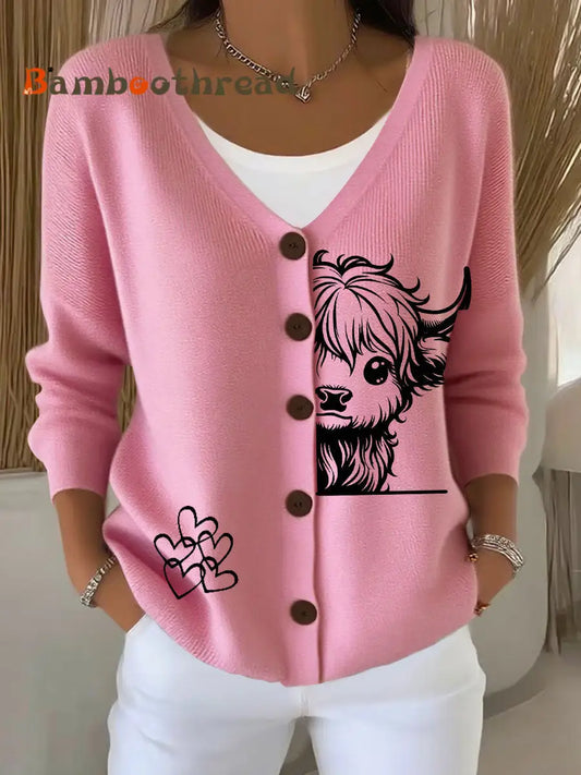 Women’s Highland Cow Print Casual Cardigan Pink / S