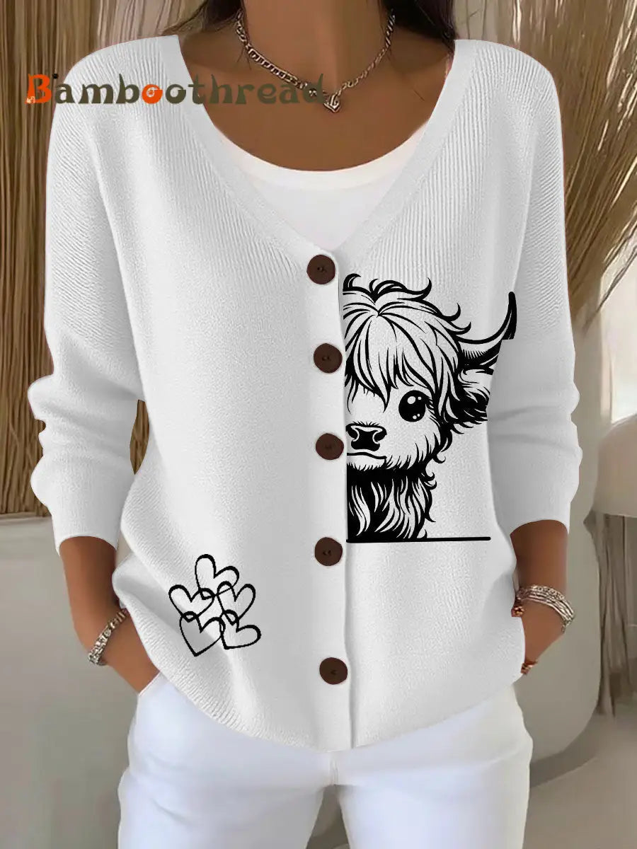 Women’s Highland Cow Print Casual Cardigan White / S