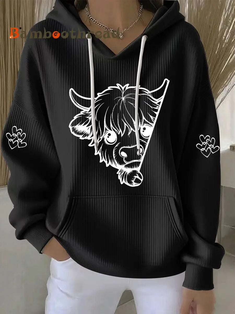 Women’s Highland Cow Print Casual Hoodie Black / S
