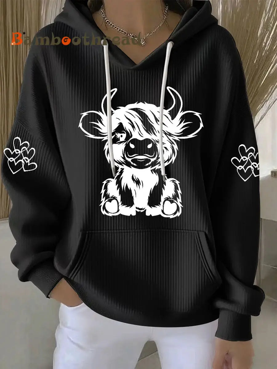 Women’s Highland Cow Print Casual Hoodie Black / S
