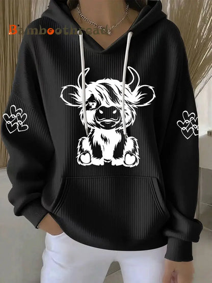 Women’s Highland Cow Print Casual Hoodie Black / S
