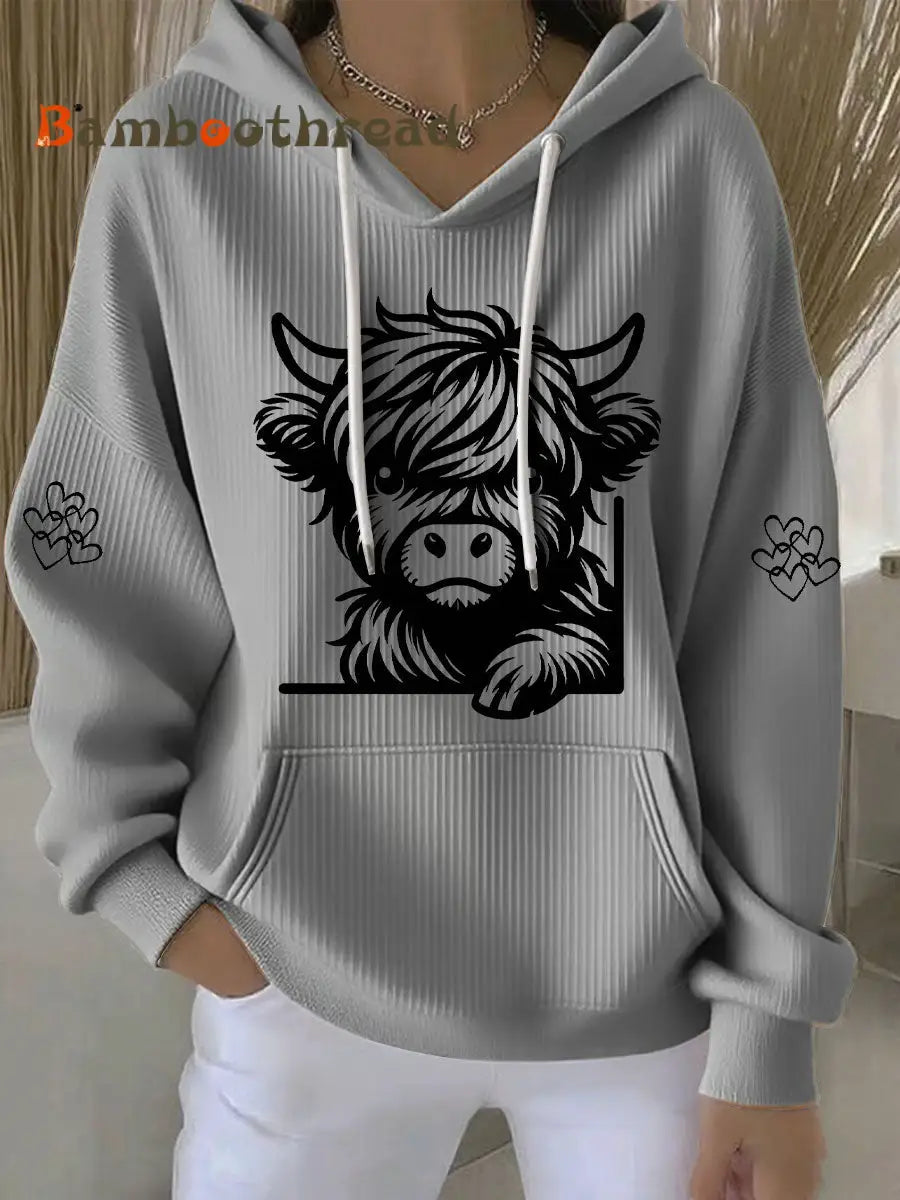 Women’s Highland Cow Print Casual Hoodie Gray / S