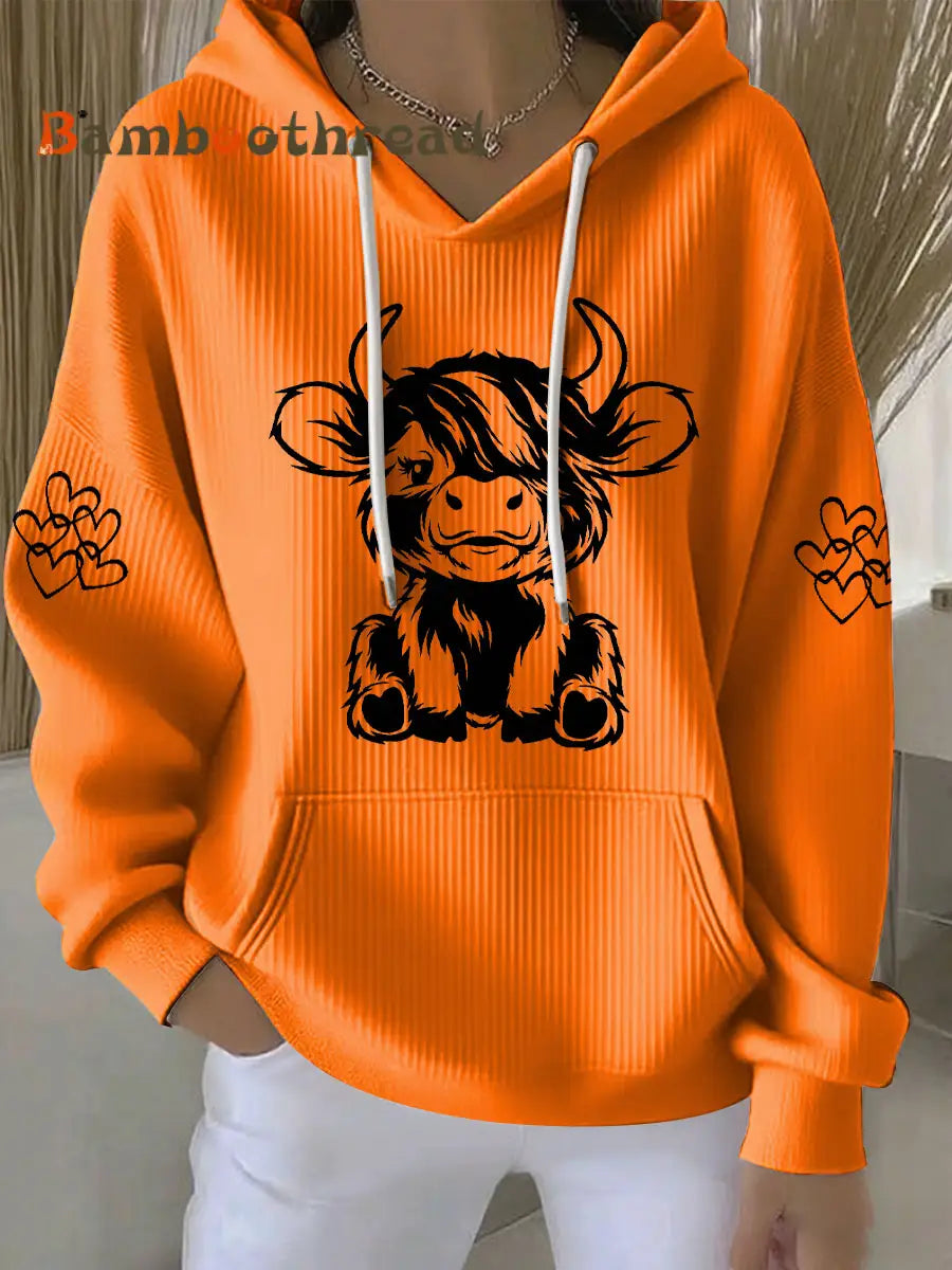 Women’s Highland Cow Print Casual Hoodie Orange / S