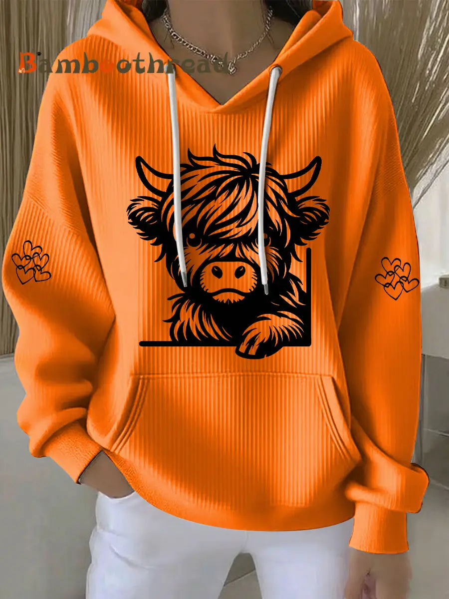 Women’s Highland Cow Print Casual Hoodie Orange / S