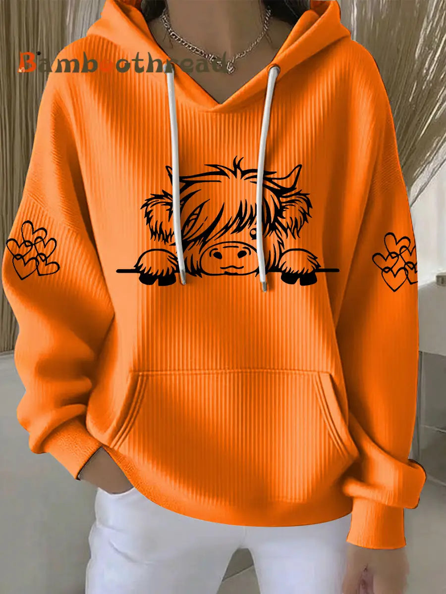 Women’s Highland Cow Print Casual Hoodie Orange / S