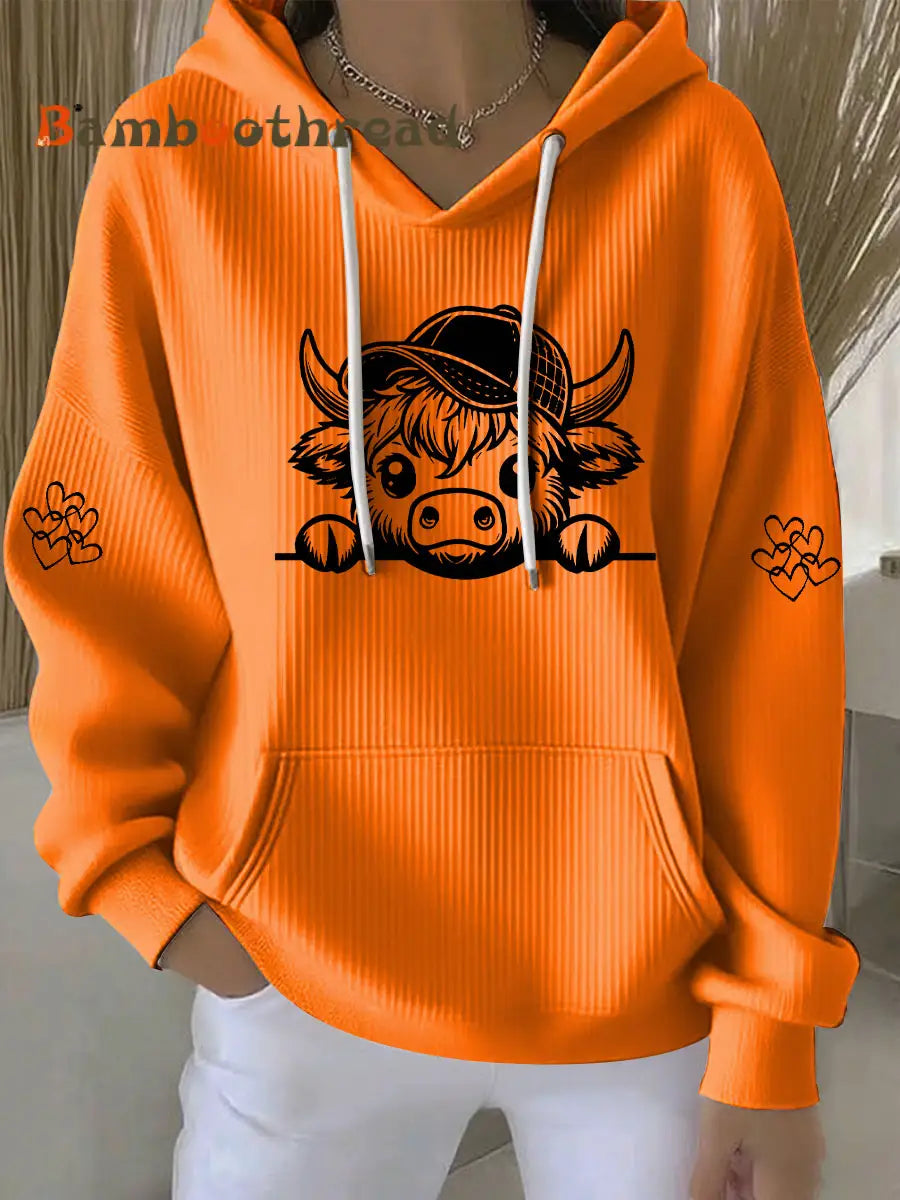 Women’s Highland Cow Print Casual Hoodie Orange / S