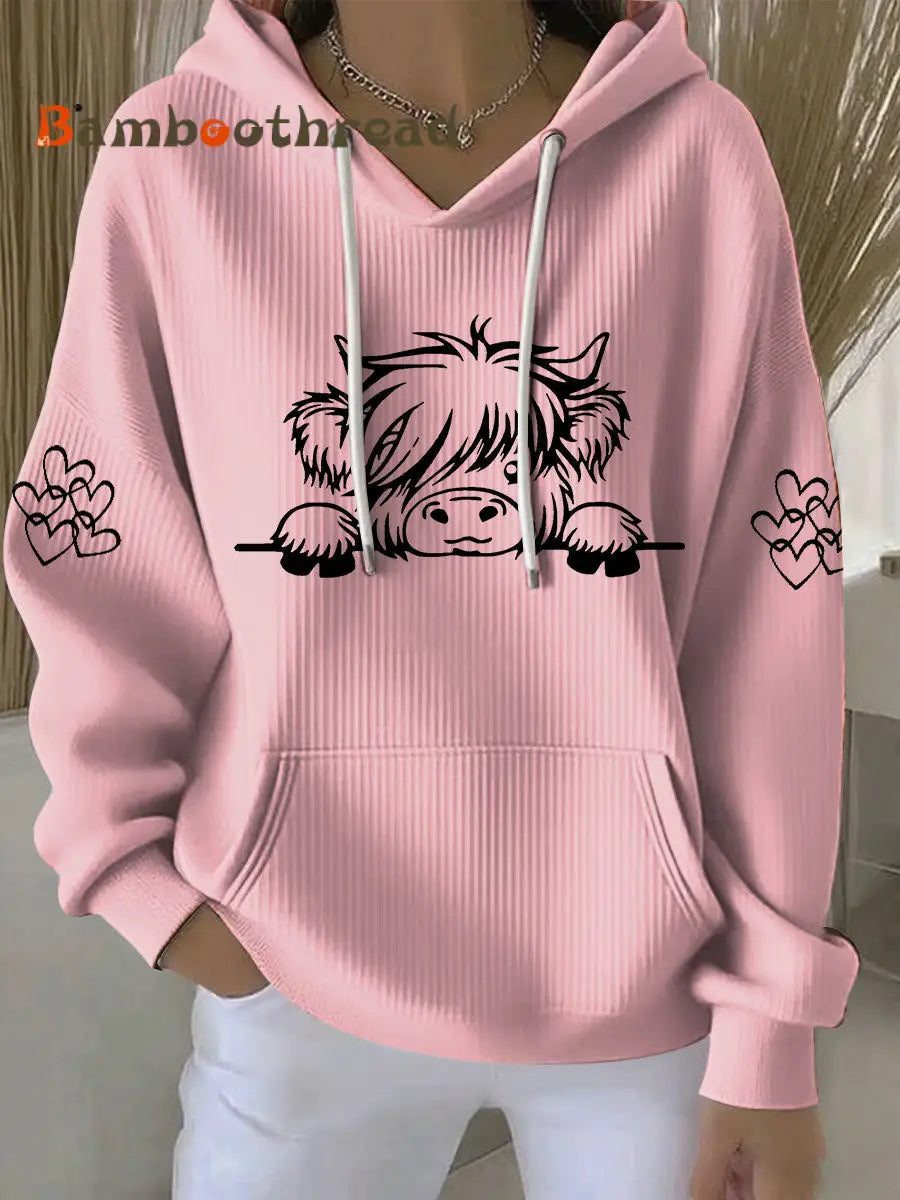Women’s Highland Cow Print Casual Hoodie Pink / S