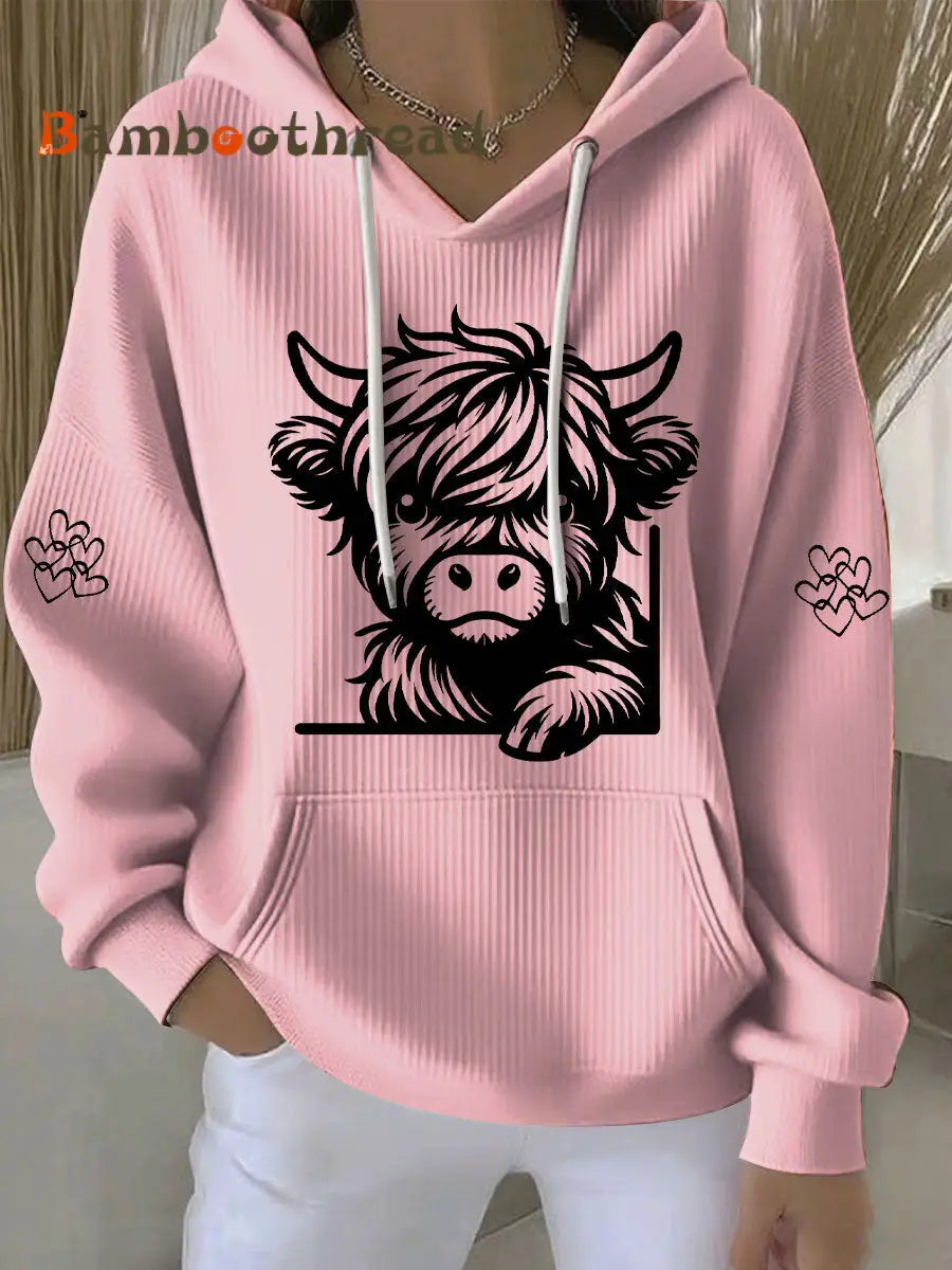 Women’s Highland Cow Print Casual Hoodie Pink / S