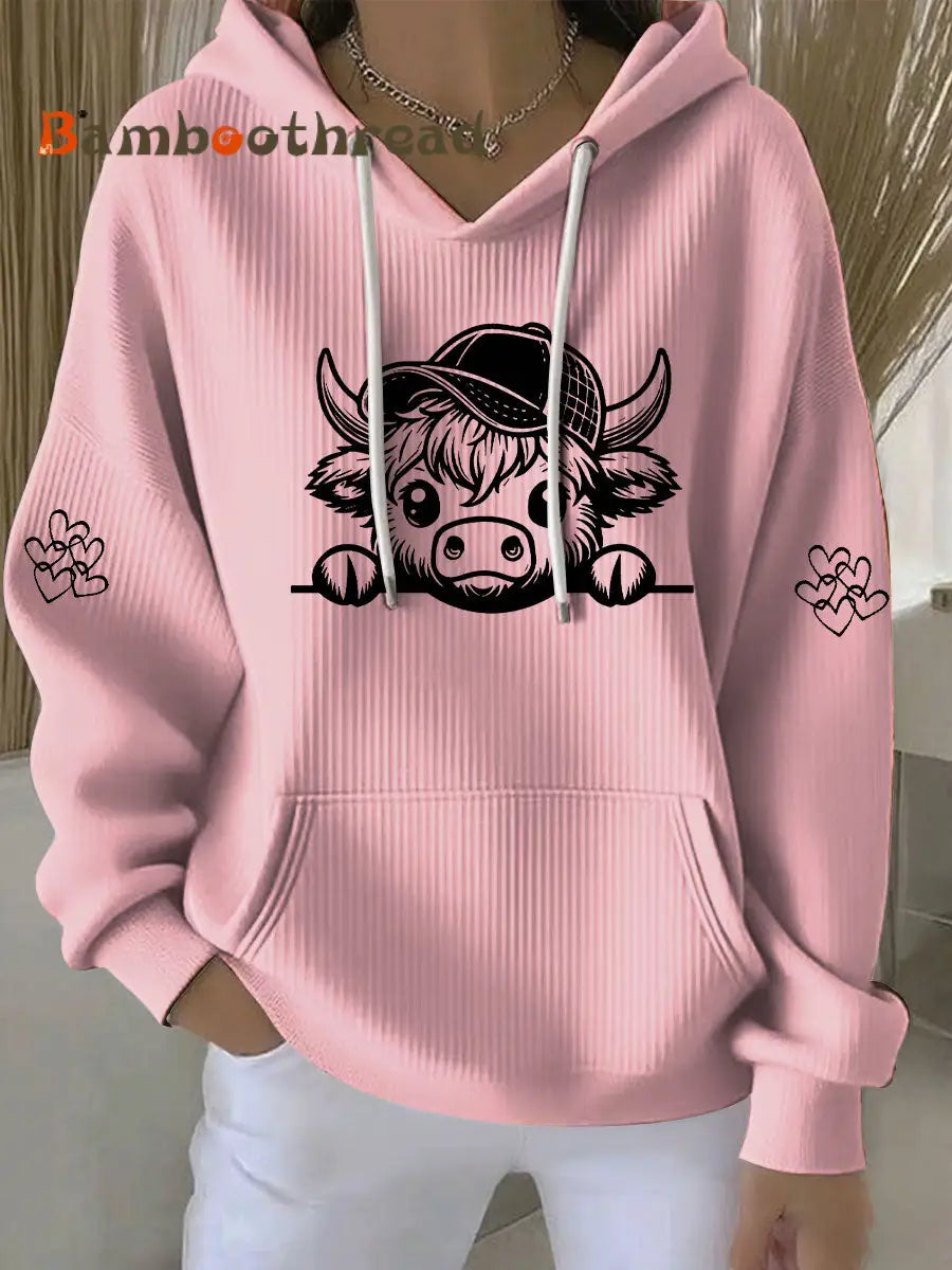 Women’s Highland Cow Print Casual Hoodie Pink / S