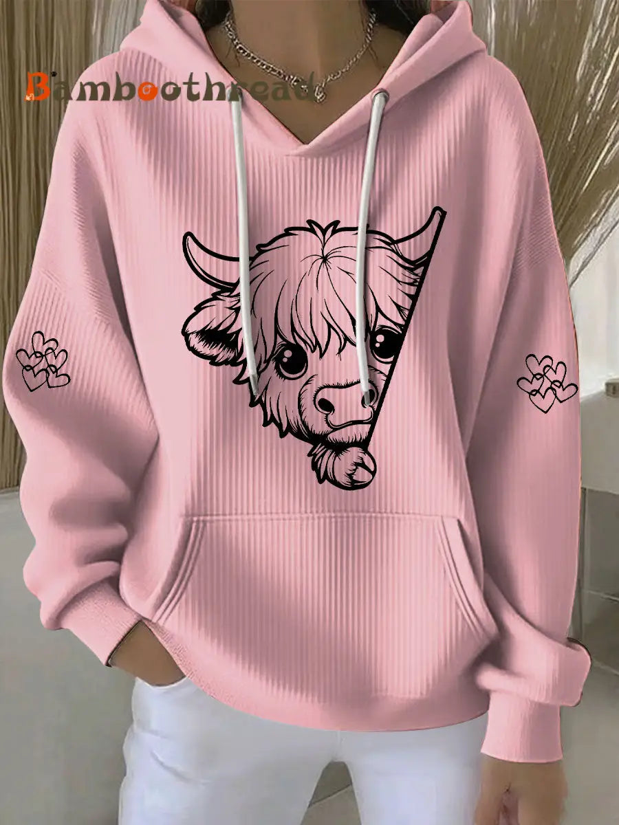 Women’s Highland Cow Print Casual Hoodie Pink / S