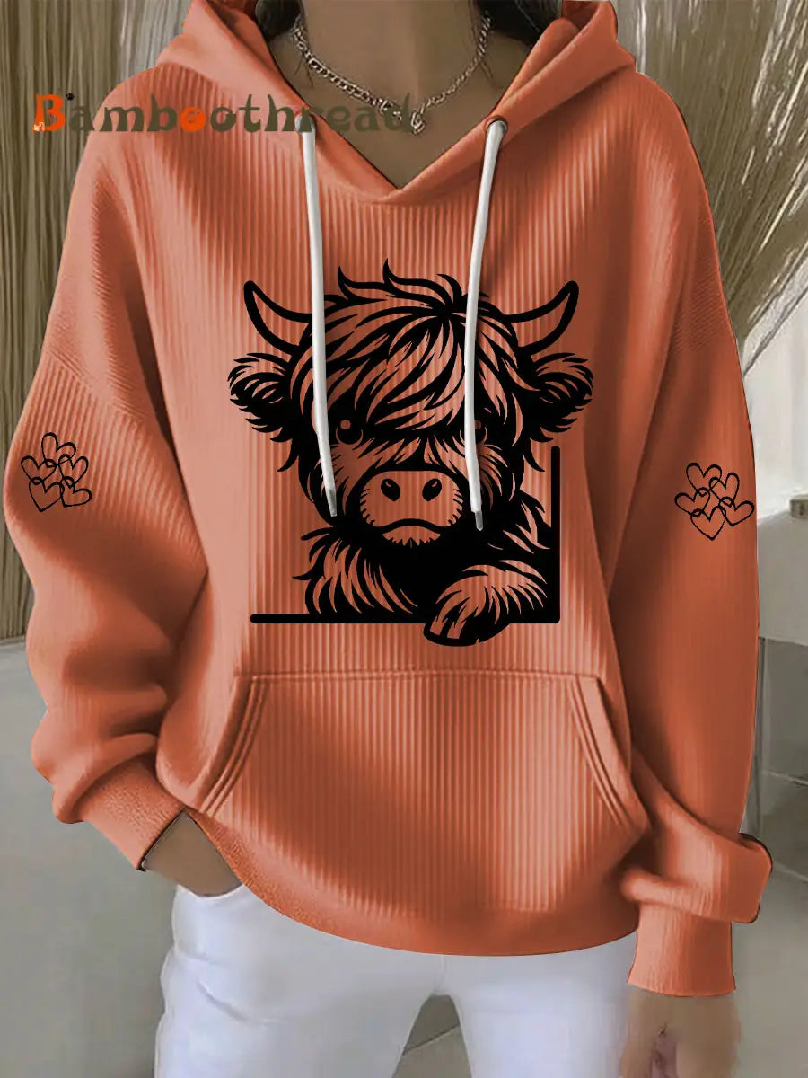 Women’s Highland Cow Print Casual Hoodie Pumpkin Orange / S