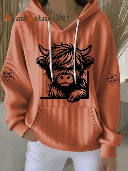 Women’s Highland Cow Print Casual Hoodie Pumpkin Orange / S
