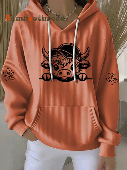 Women’s Highland Cow Print Casual Hoodie Pumpkin Orange / S