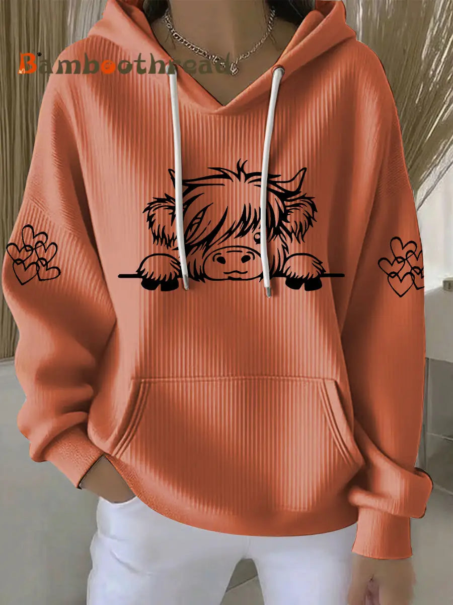 Women’s Highland Cow Print Casual Hoodie Pumpkin Orange / S