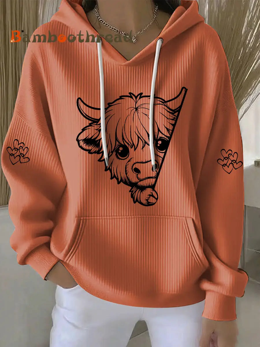 Women’s Highland Cow Print Casual Hoodie Pumpkin Orange / S