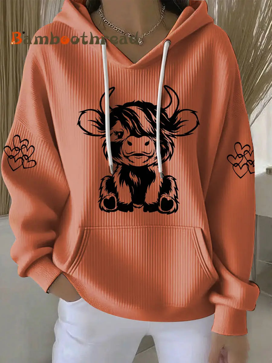 Women’s Highland Cow Print Casual Hoodie Pumpkin Orange / S