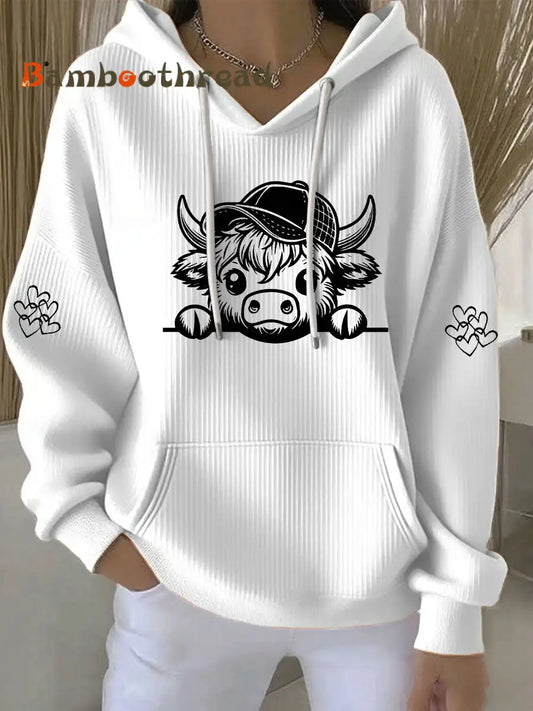 Women’s Highland Cow Print Casual Hoodie White / S