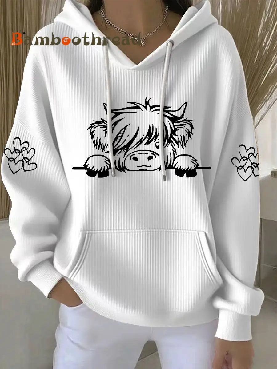 Women’s Highland Cow Print Casual Hoodie White / S