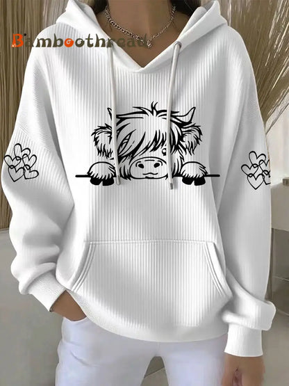 Women’s Highland Cow Print Casual Hoodie White / S