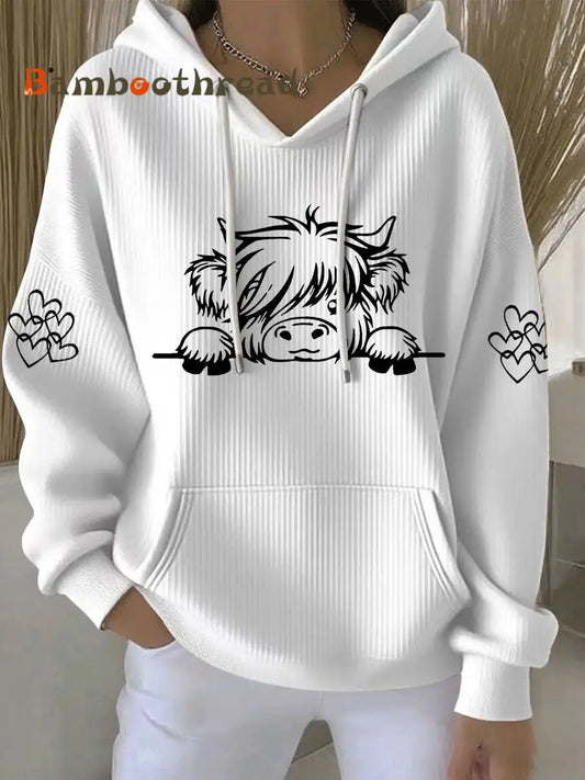 Women’s Highland Cow Print Casual Hoodie White / S