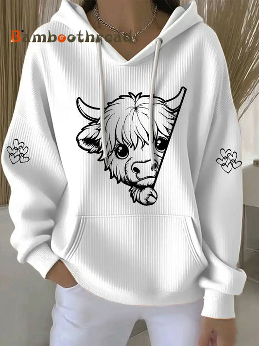 Women’s Highland Cow Print Casual Hoodie White / S