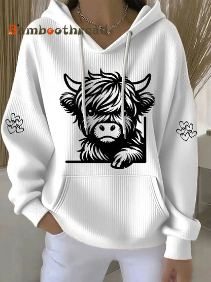 Women’s Highland Cow Print Casual Hoodie White / S