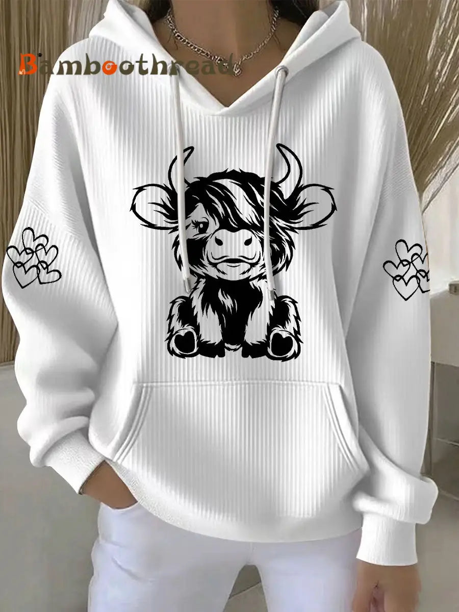 Women’s Highland Cow Print Casual Hoodie White / S