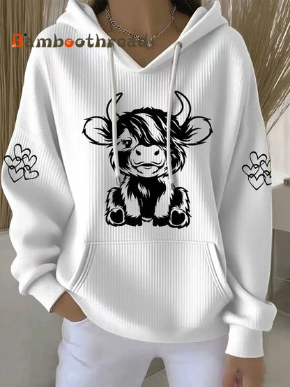Women’s Highland Cow Print Casual Hoodie White / S