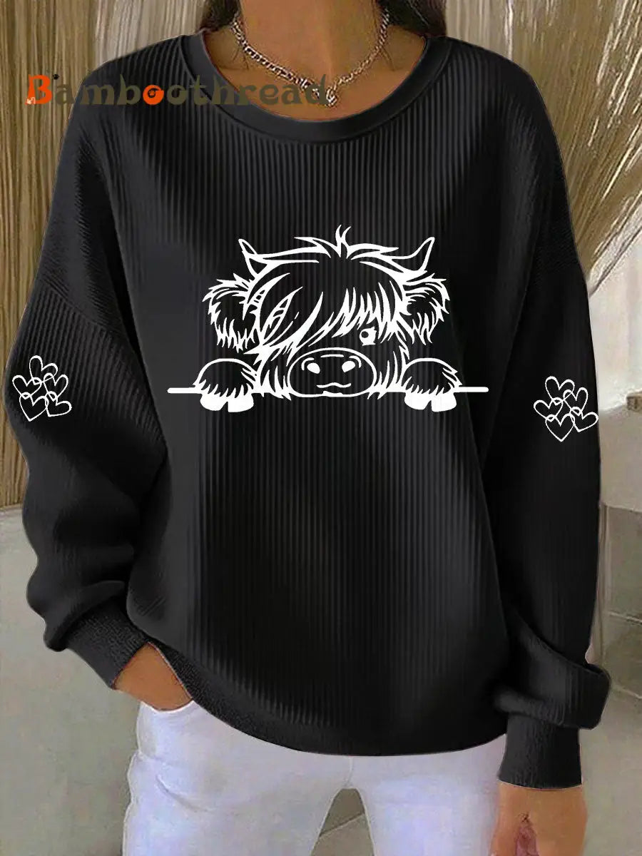 Women’s Highland Cow Print Casual Sweatshirt Black / S