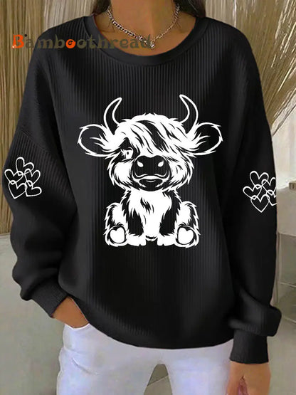 Women’s Highland Cow Print Casual Sweatshirt Black / S
