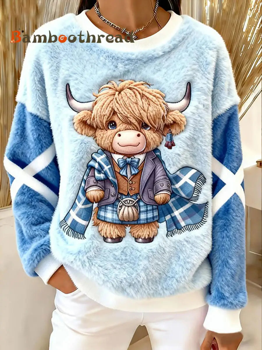 Women’s Highland Cow Print Casual Sweatshirt Blue / S