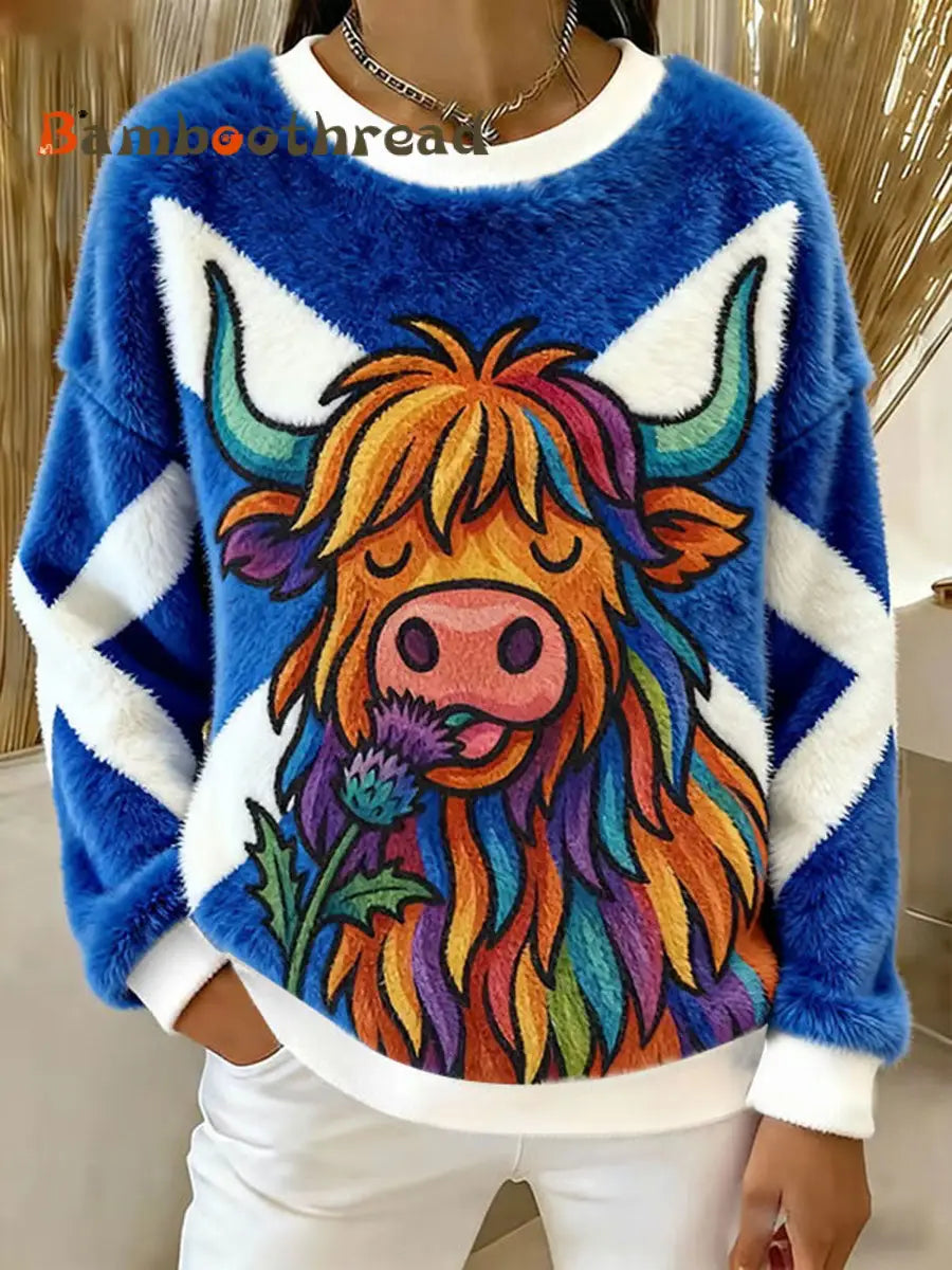 Women’s Highland Cow Print Casual Sweatshirt Blue / S
