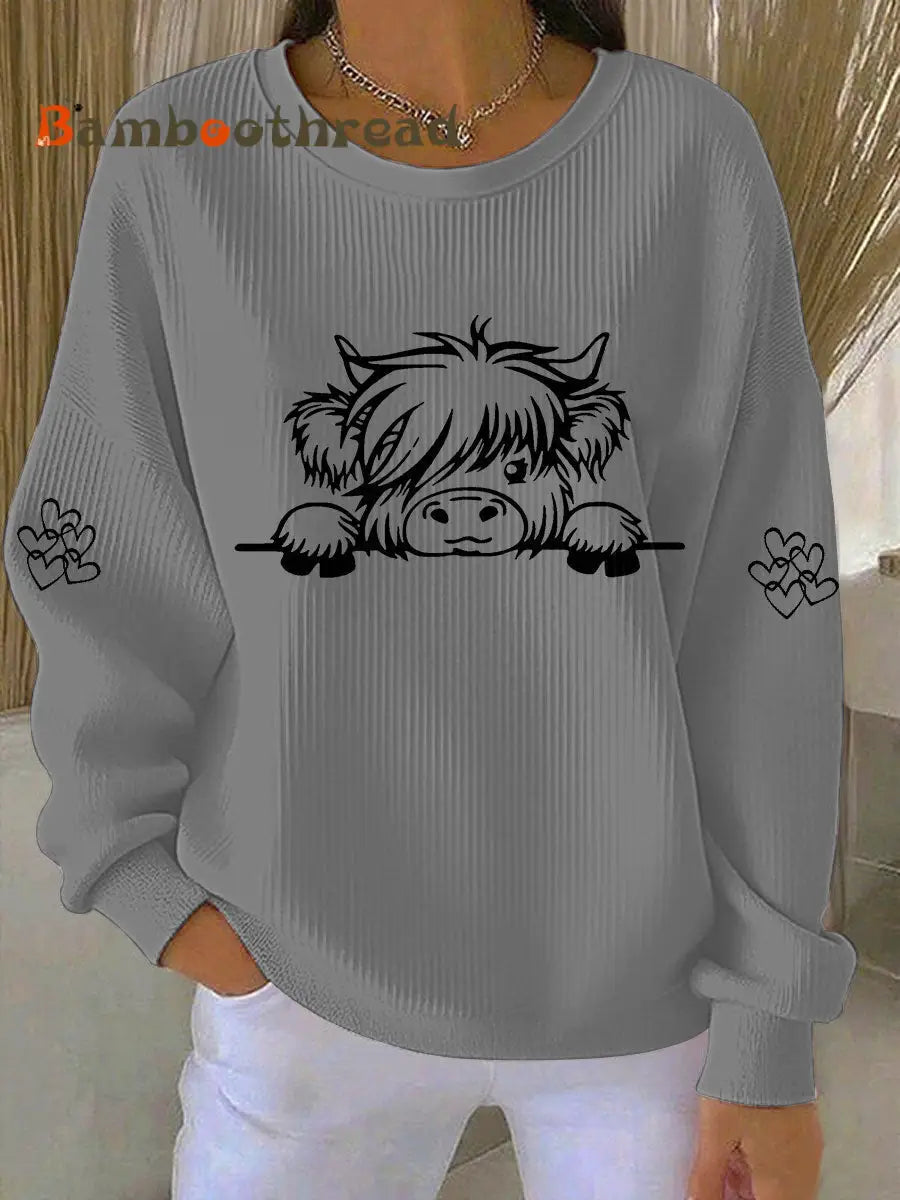 Women’s Highland Cow Print Casual Sweatshirt Gray / S