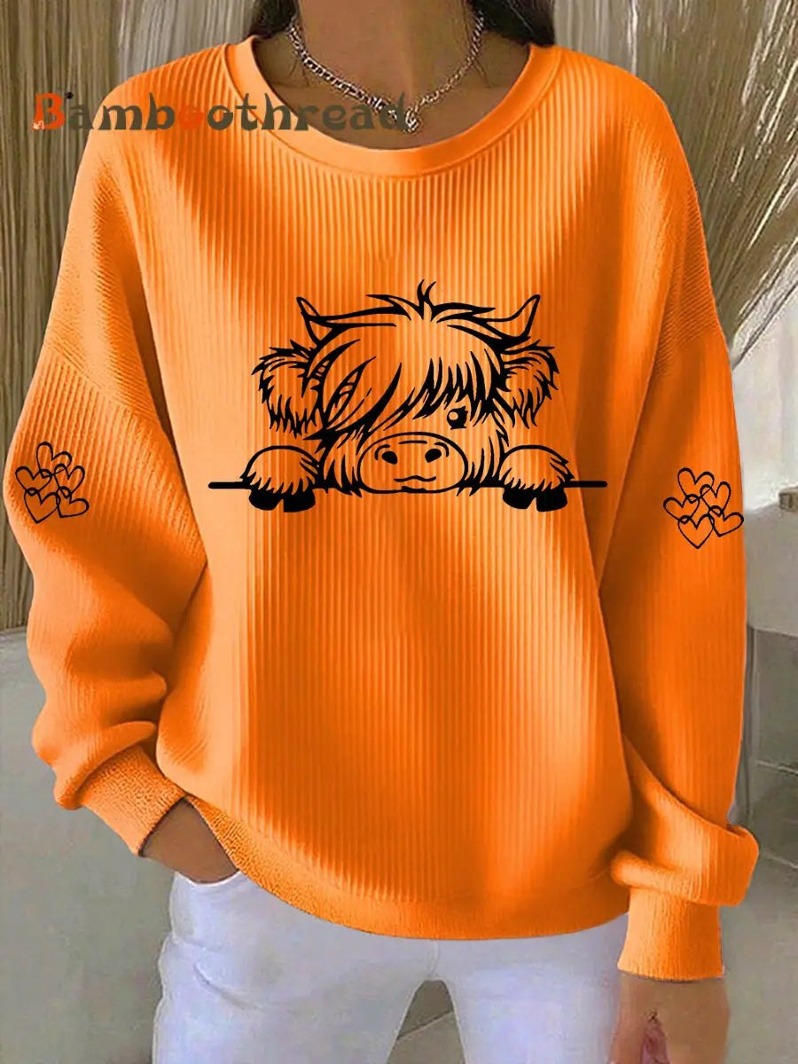 Women’s Highland Cow Print Casual Sweatshirt Orange / S