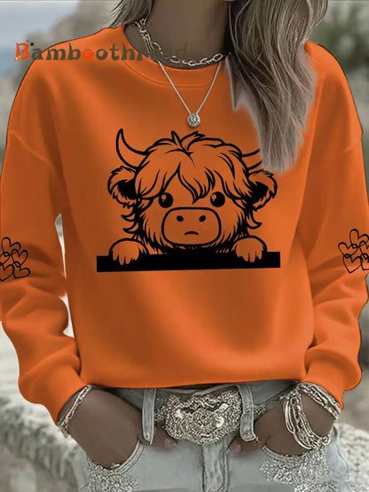 Women’s Highland Cow Print Casual Sweatshirt Orange / S