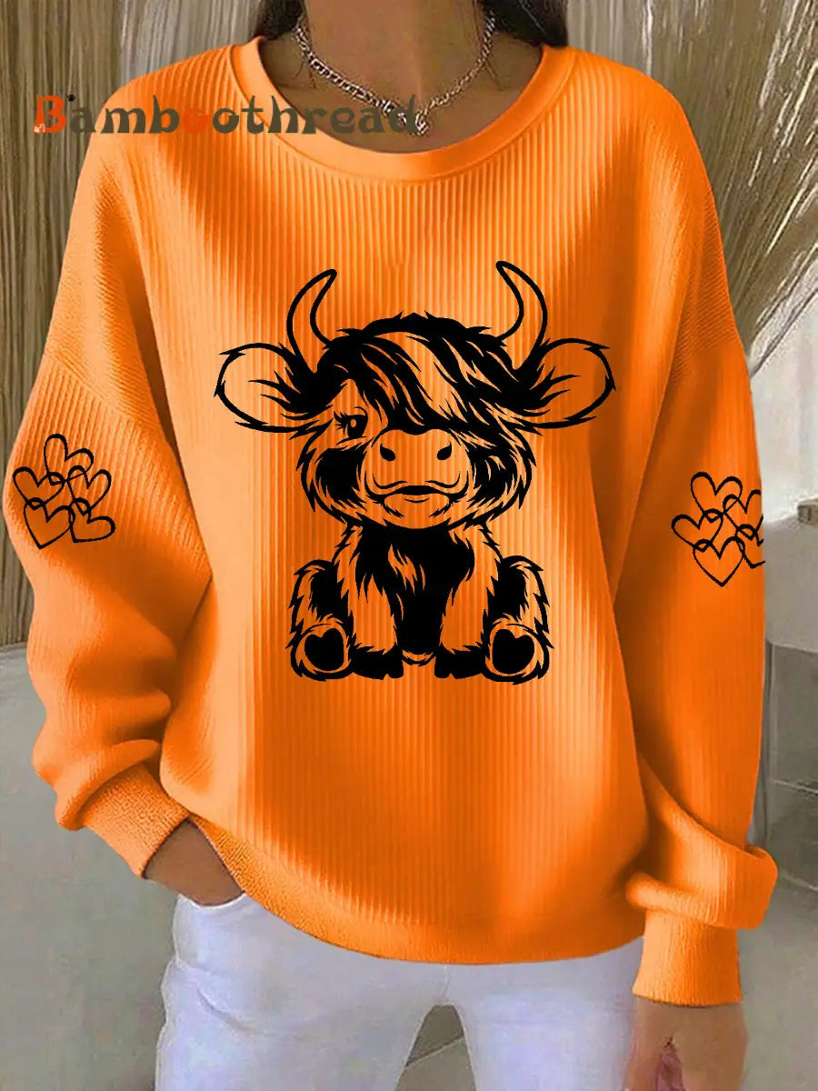 Women’s Highland Cow Print Casual Sweatshirt Orange / S