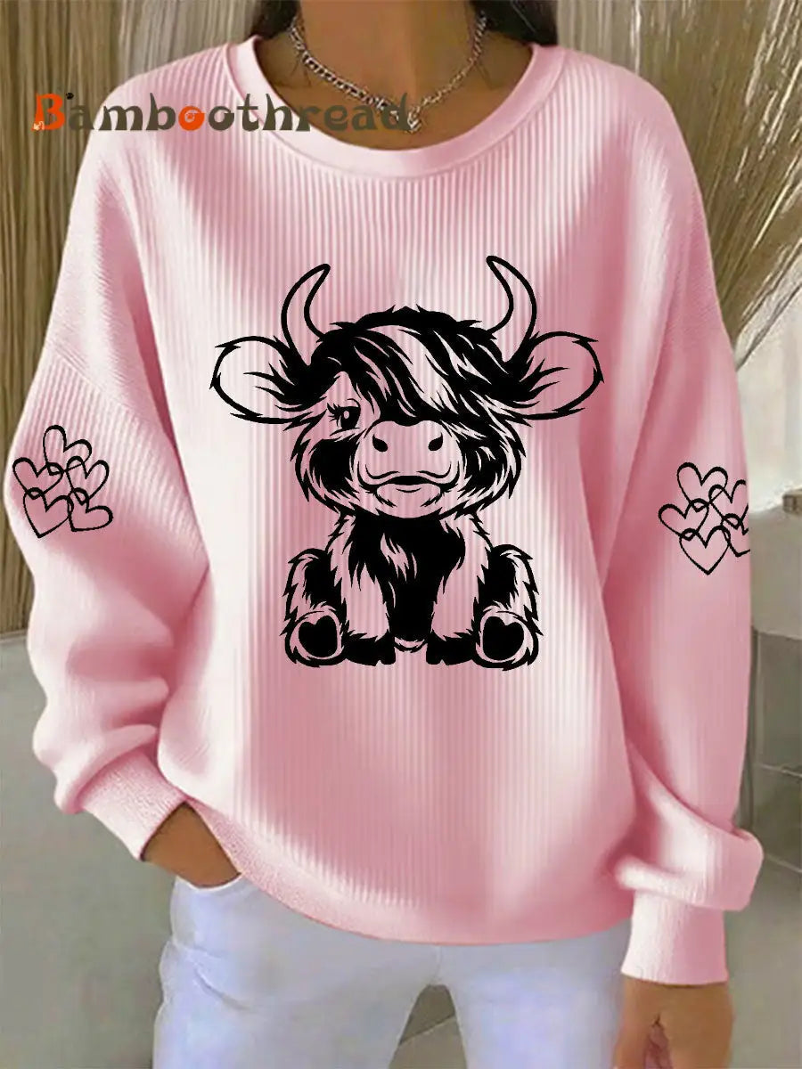 Women’s Highland Cow Print Casual Sweatshirt Pink / S