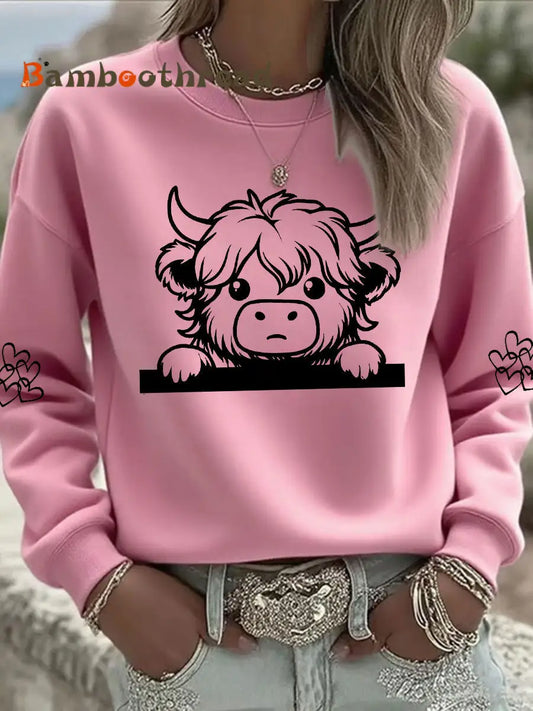 Women’s Highland Cow Print Casual Sweatshirt Pink / S