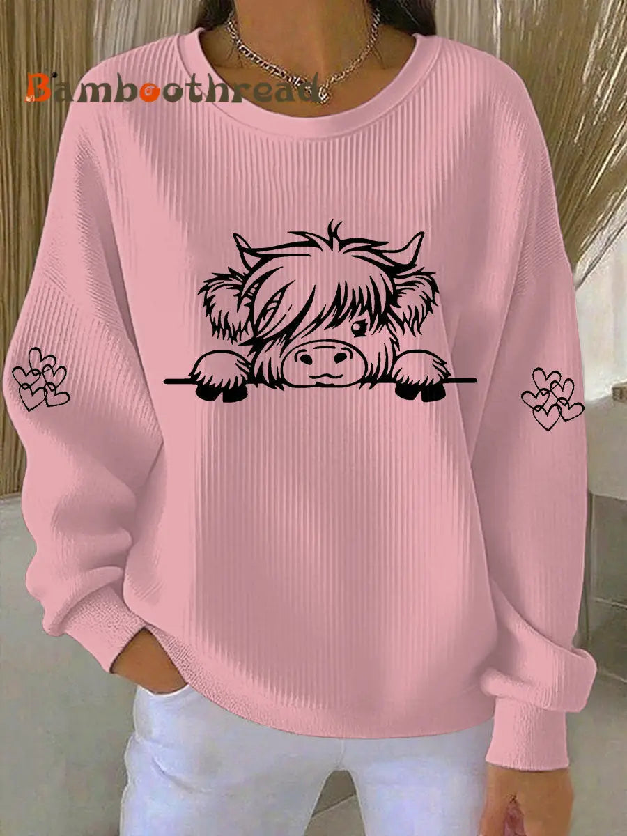 Women’s Highland Cow Print Casual Sweatshirt Pink / S