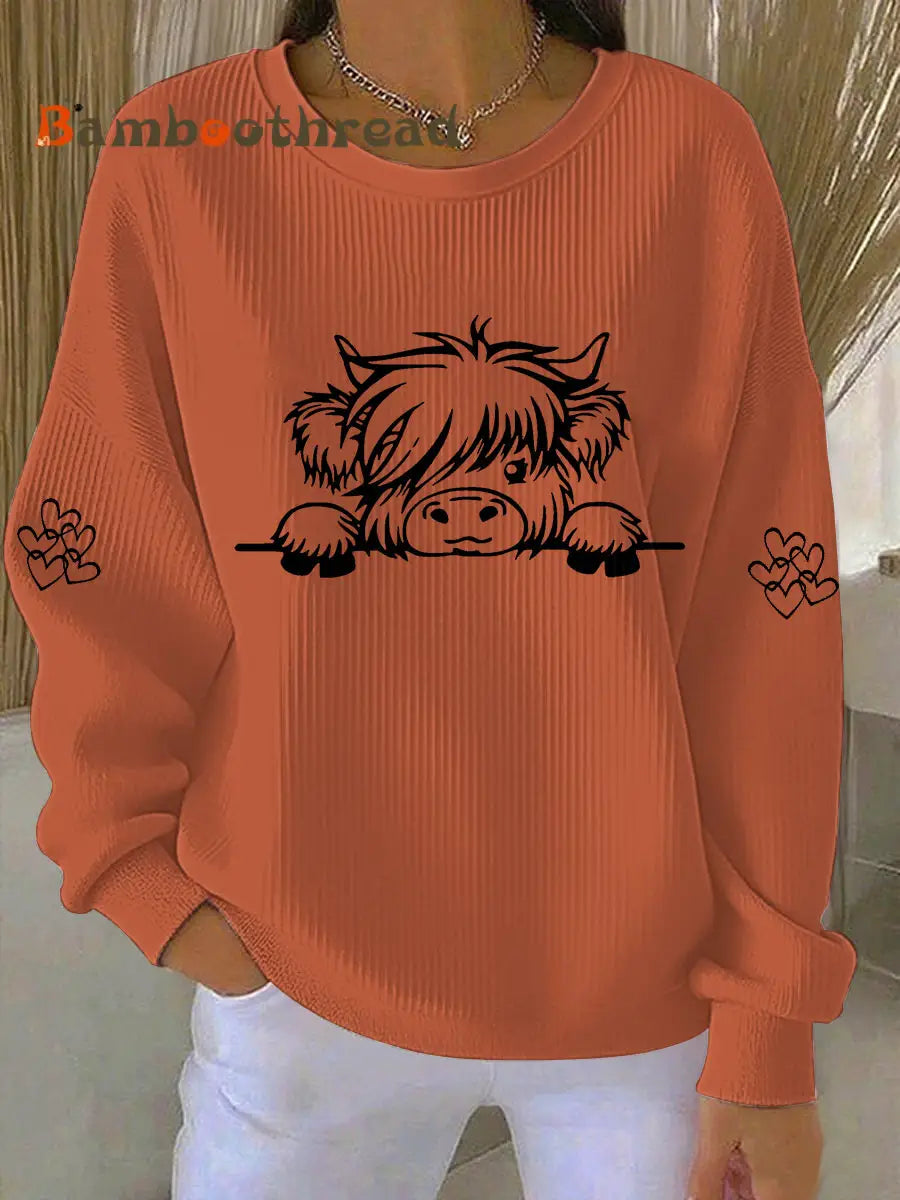 Women’s Highland Cow Print Casual Sweatshirt Pumpkin Orange / S