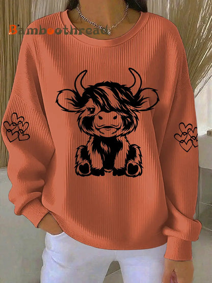 Women’s Highland Cow Print Casual Sweatshirt Pumpkin Orange / S