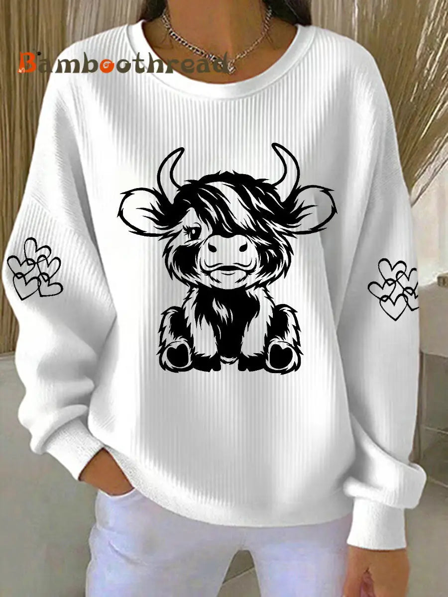 Women’s Highland Cow Print Casual Sweatshirt White / S