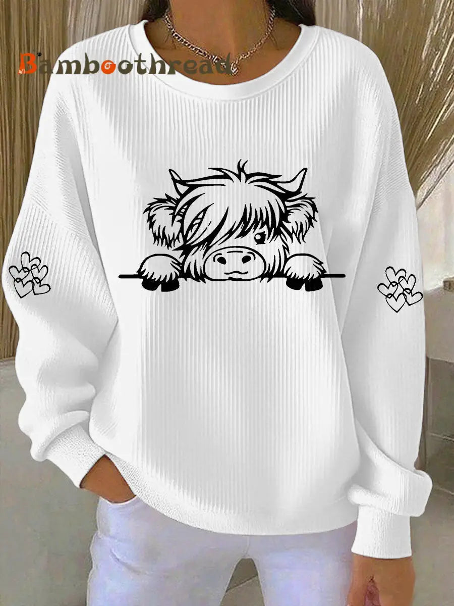 Women’s Highland Cow Print Casual Sweatshirt White / S